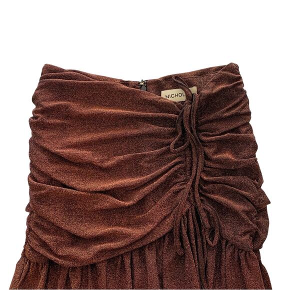 NICHOLAS Jayde Metallic Ruched Pleated Front Hem Slit Bronze Umber Skirt Size 4 - Picture 4 of 9
